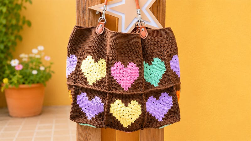 Crochet Heart Granny Square Tote Bag