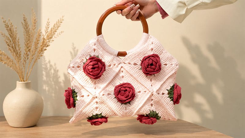 Crochet Rose Flower Granny Square Bag
